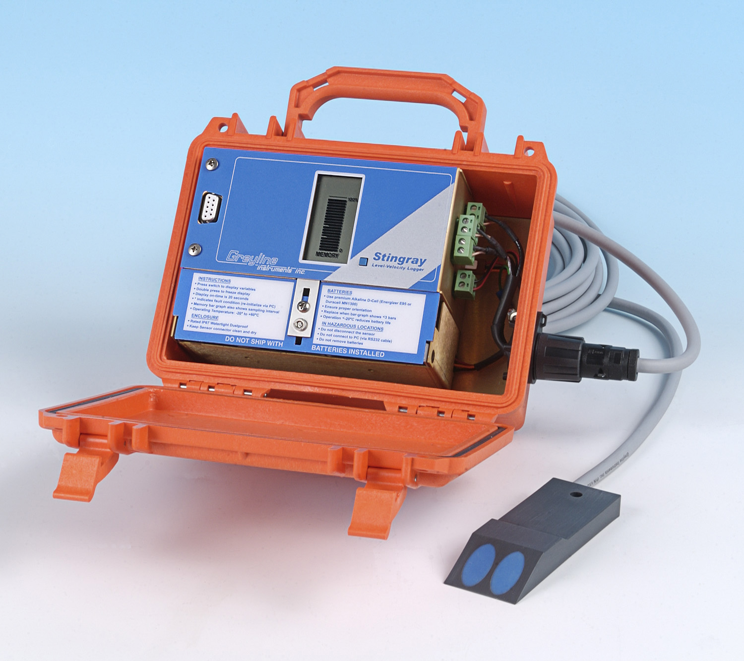 Stingray is a compact, battery-powered logger with an ultrasonic sensor. It data logs level, velocity and water temperature readings for flow monitoring through open channels, partially full sewer pipes and surcharged pipes.