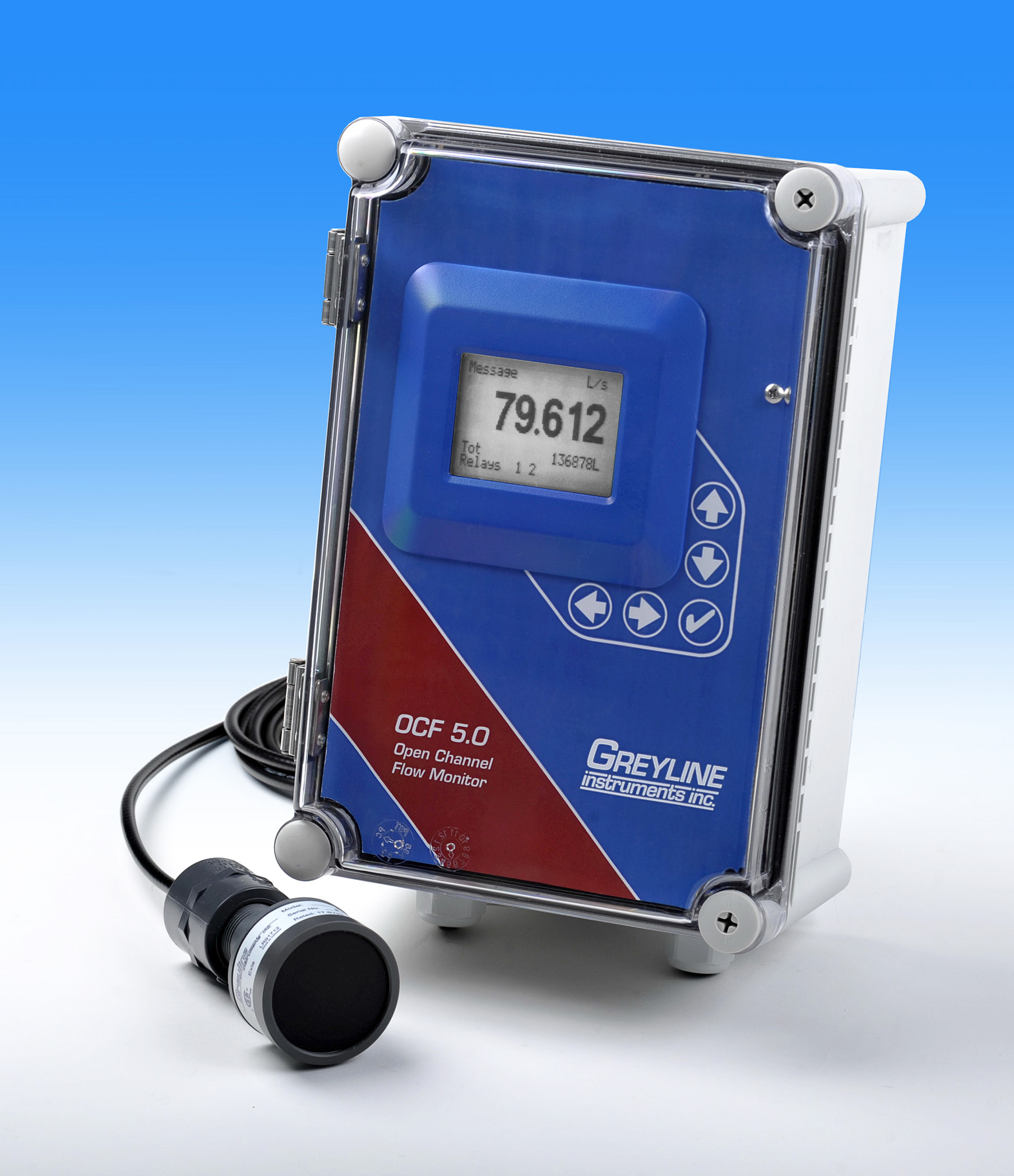 This new model OCF 5.0 Open Channel Flow Monitor uses a non-contacting ultrasonic sensor to measure wastewater flow through flumes or weirs. It features a powerful, built-in data logger with on-screen flow reports and output to USB flash drives, plus Wind