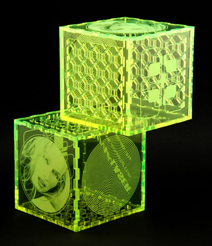Laser cut and engraved colored acrylic puzzle box