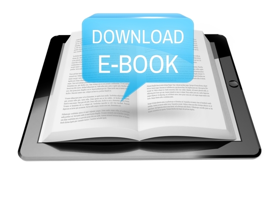 Image of a book on top of a tablet with a prompt to download an e-book.