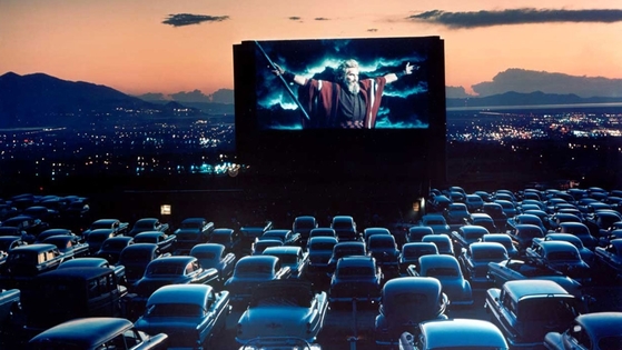 A showing of "The Ten Commandments," at a drive-in movie theater in 1958.
