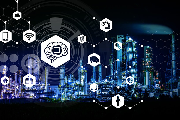 illustration of symbols such as a brain and person and machinery over a city background