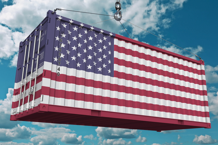 Shipping container emblazoned with U.S. flag