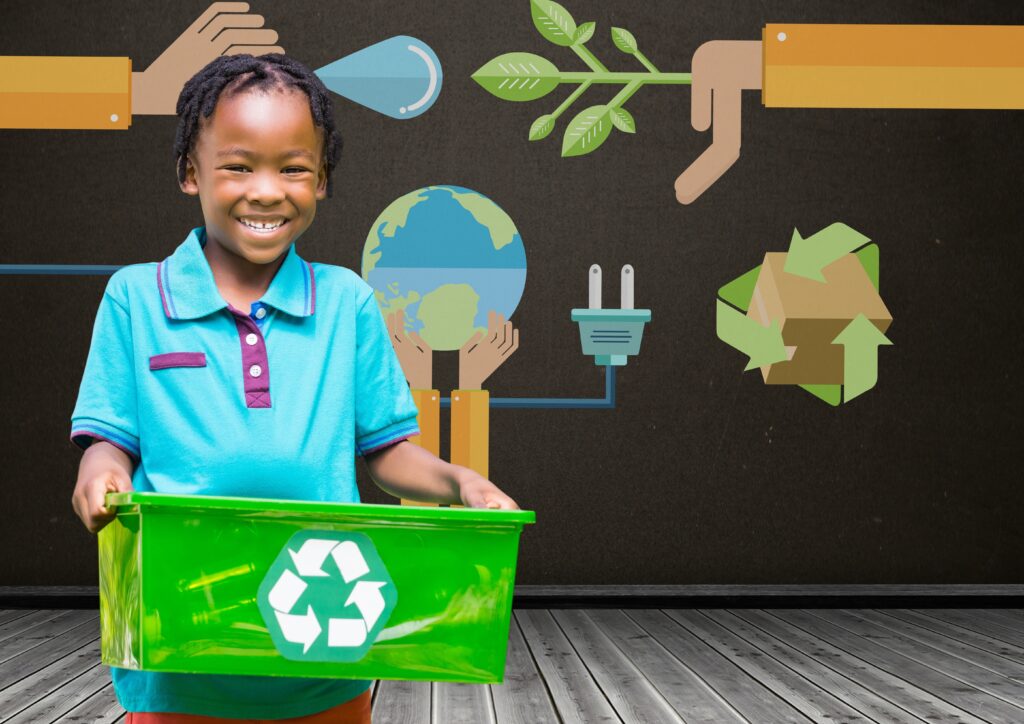Child holding recycling bin. Image courtesy of vectorfusionart / Shutterstock.com