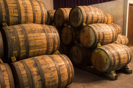 Barrels stacked in a pile 
