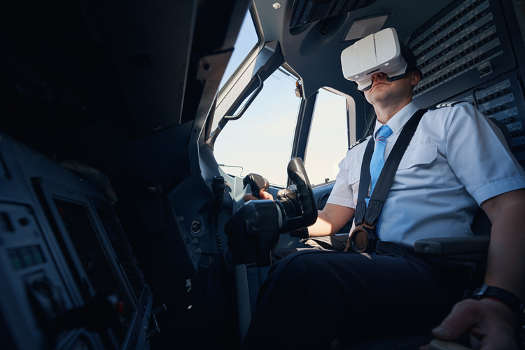 Pilot wearing augmented reality glasses while flying a plane