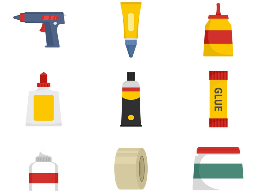 Vector diagram of examples of the types of adhesives available, including hot glue, liquid adhesive, glue sticks, and tape.