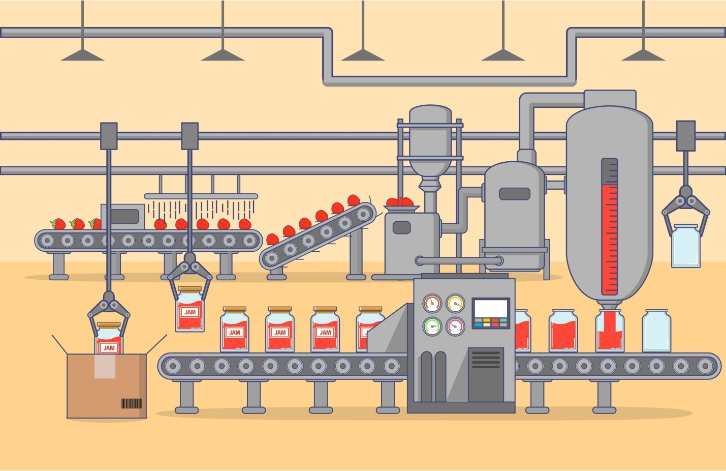 An illustration of a complete automated food processing system for jam production.