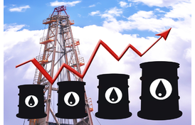 Bar graph, barrels, and oil rig representing gas price fluctuation