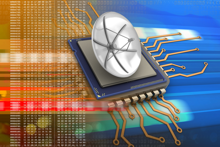 Satellite with electronics components and microchips in background