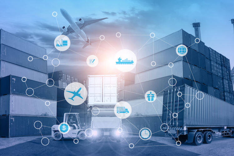 Cargo containers, trucks, and planes overlaid with graphics representing supply chain concepts