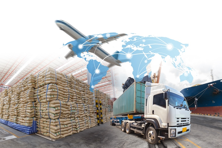 Logistics hub with image of world map overlaid and airplane in flight