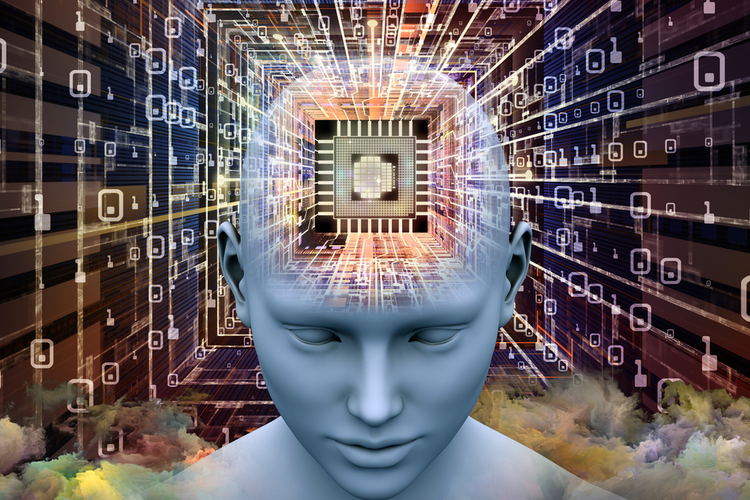 Human head with microchip for brain
