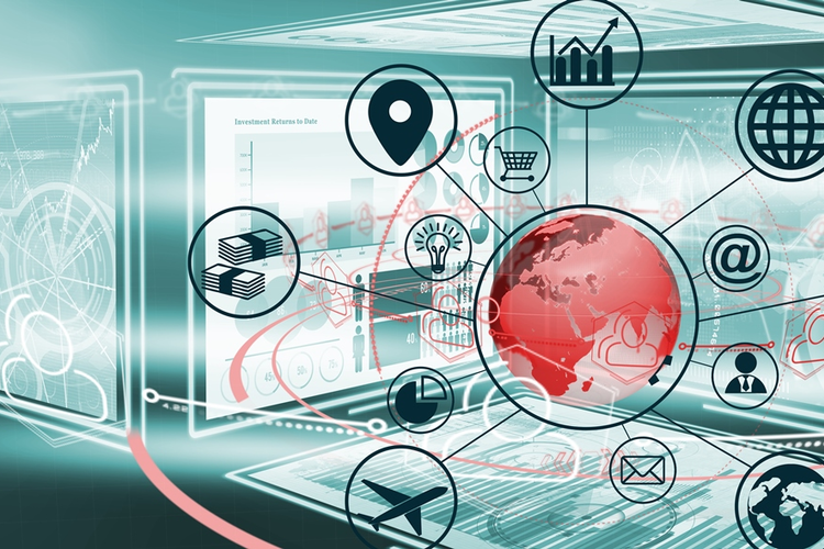 Digitally generated image of Earth connecting to various business concept icons