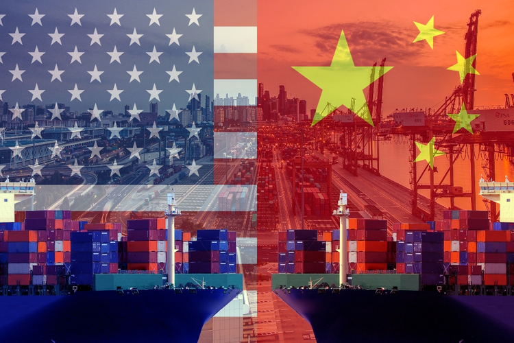 Concept image of U.S.and Chinese flags overlaid on images on supply containers and ports
