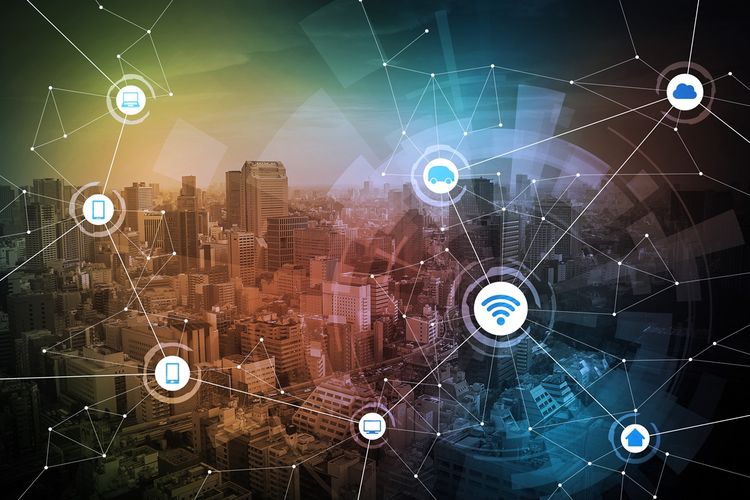 Concept image of interconnected digital, communications, and supply chain activities