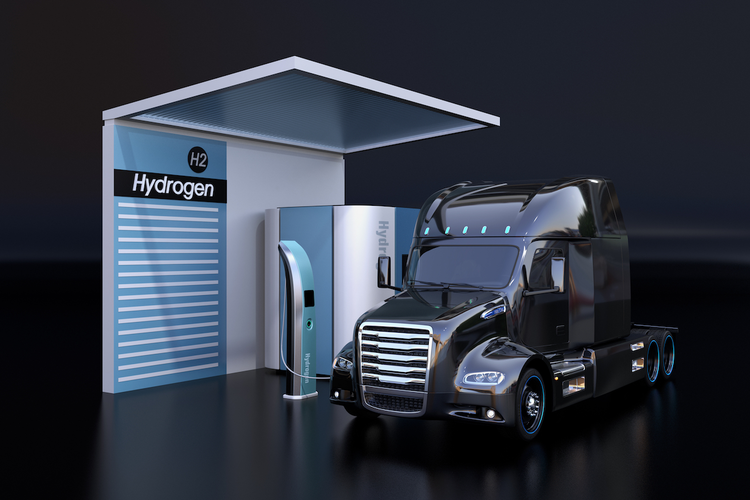 Hydrogen-fueled truck at charging station