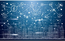 Smart City with Neon Buildings, Networks and Internet of Things Icons.
