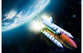 Rocketship flying through space with Earth in the background