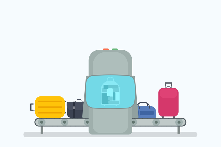Luggage on conveyor belt, going through the security check and X-ray in an airport.