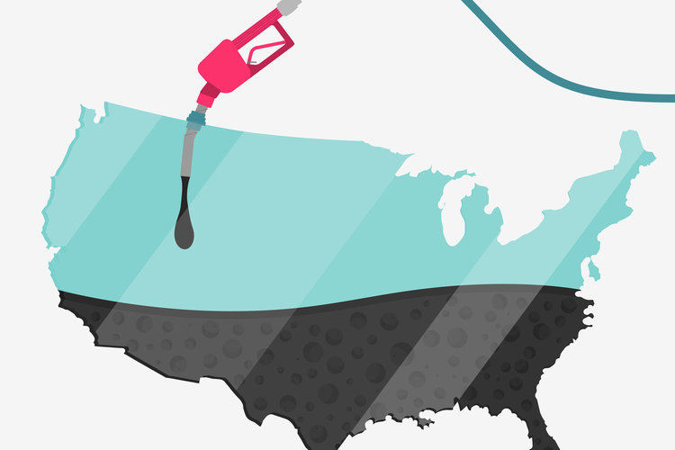 Map of USA being fueled by gas pump.
