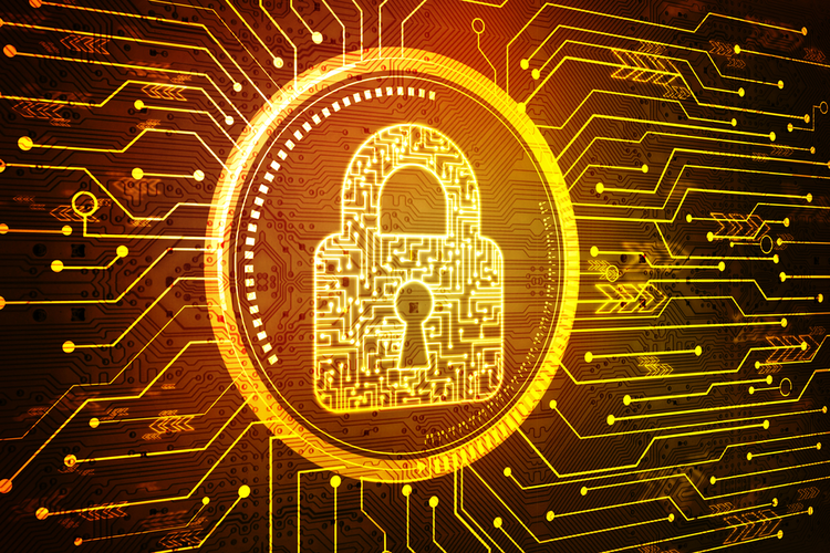 Digitized padlock on digital background to represent concept of cyber security
