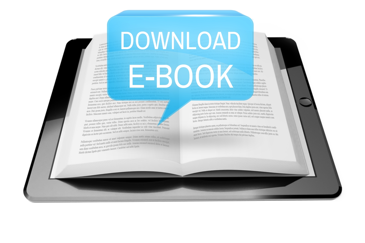 Image of a book on top of a tablet with a prompt to download an e-book.