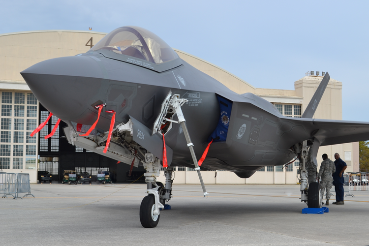 A U.S. Air Force F-35 Joint Strike Fighter (Lightning II) jet at MacDill Air Force Base.