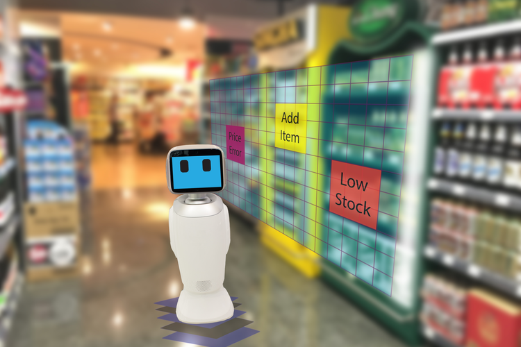 Smart retail concept: robot checking on products.