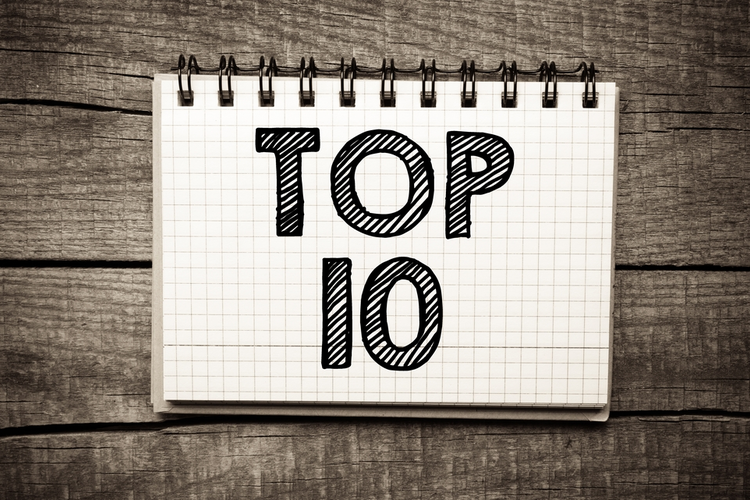 Top 10 written on paper sheet on wooden background.
