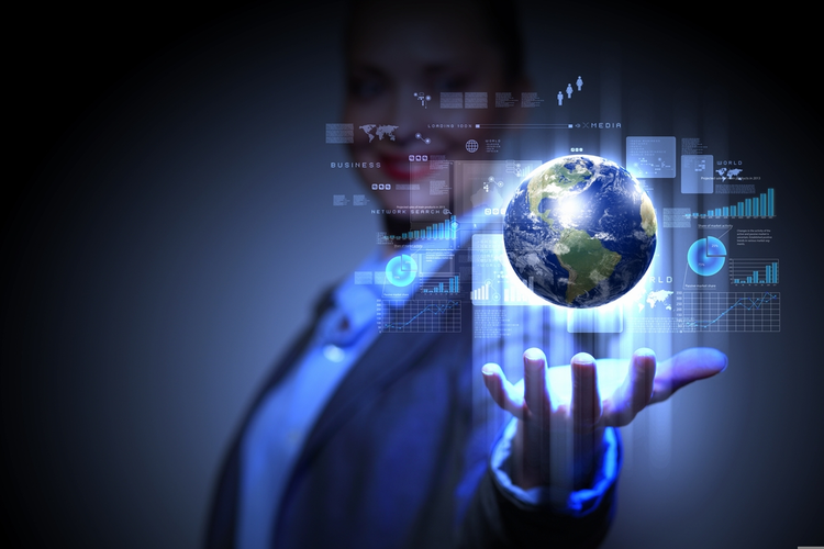 Blue global technology background with the planet Earth.