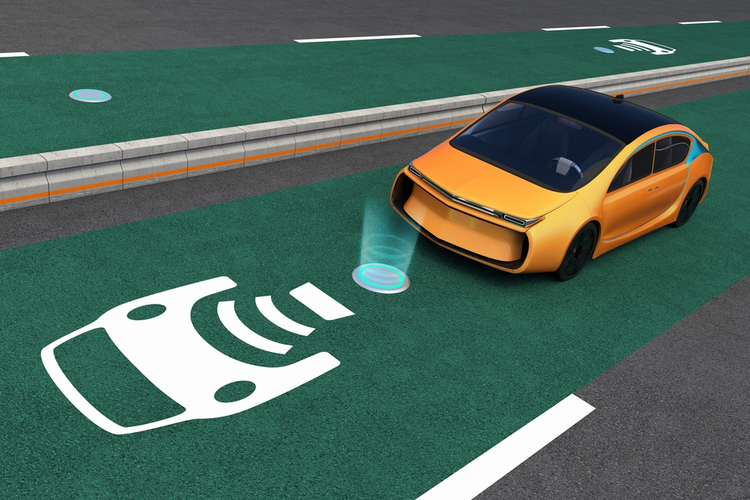 Car on EV wireless charging lane.