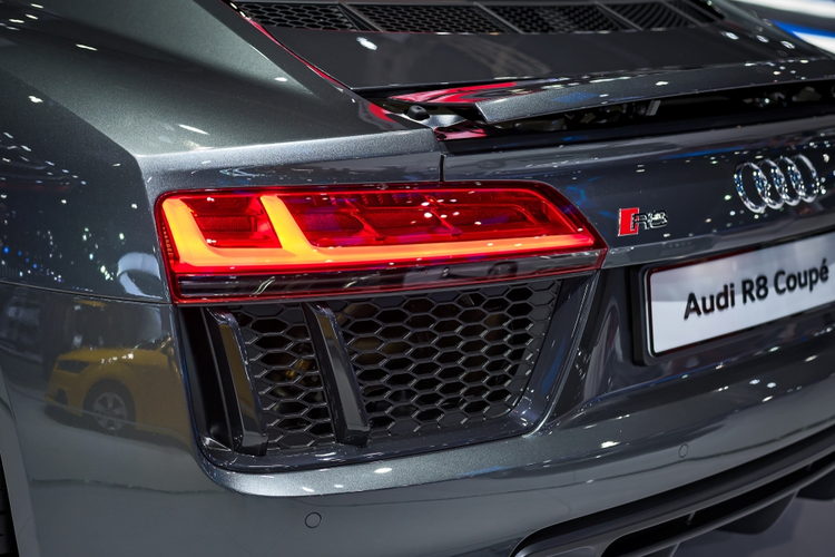 Tail light of Audi R8 Coupe car on display.