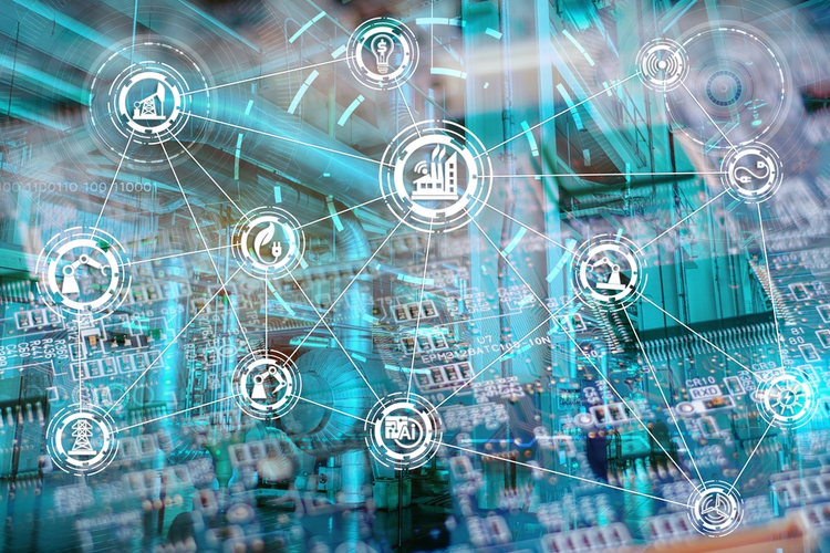 Industry 4.0 concept image. industrial instruments in the factory with cyber and physical system icons