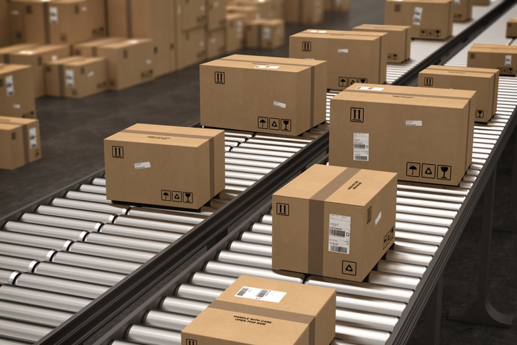Shipping boxes on conveyor.