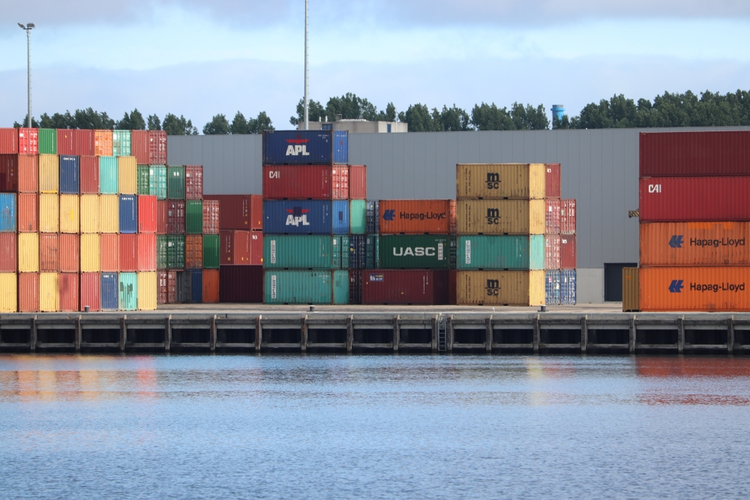 Intermodal containers at a terminal.