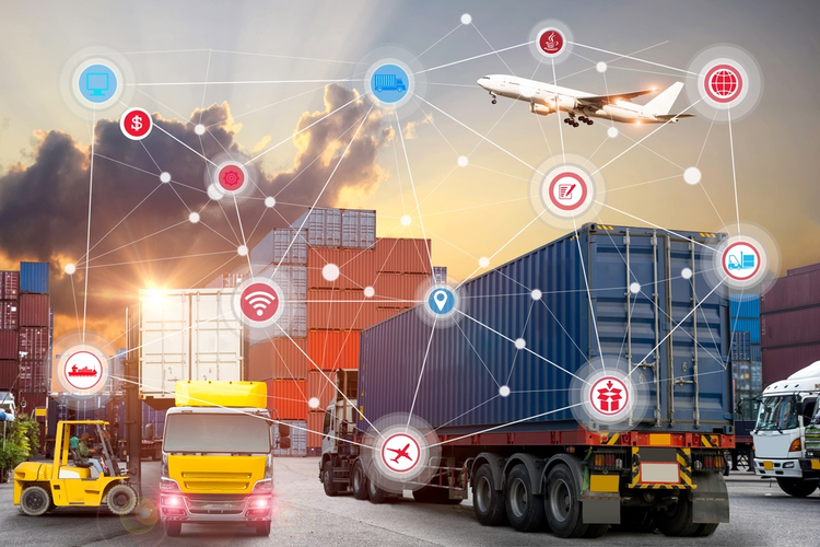 Internet of Things Concept: Logistics and transportation of container cargo ship and cargo plane with working crane bridge in shipyard.