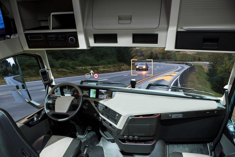 Self driving truck with head up display on a road